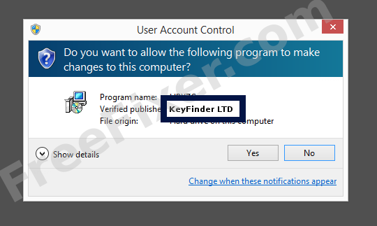 Screenshot where KeyFinder LTD appears as the verified publisher in the UAC dialog